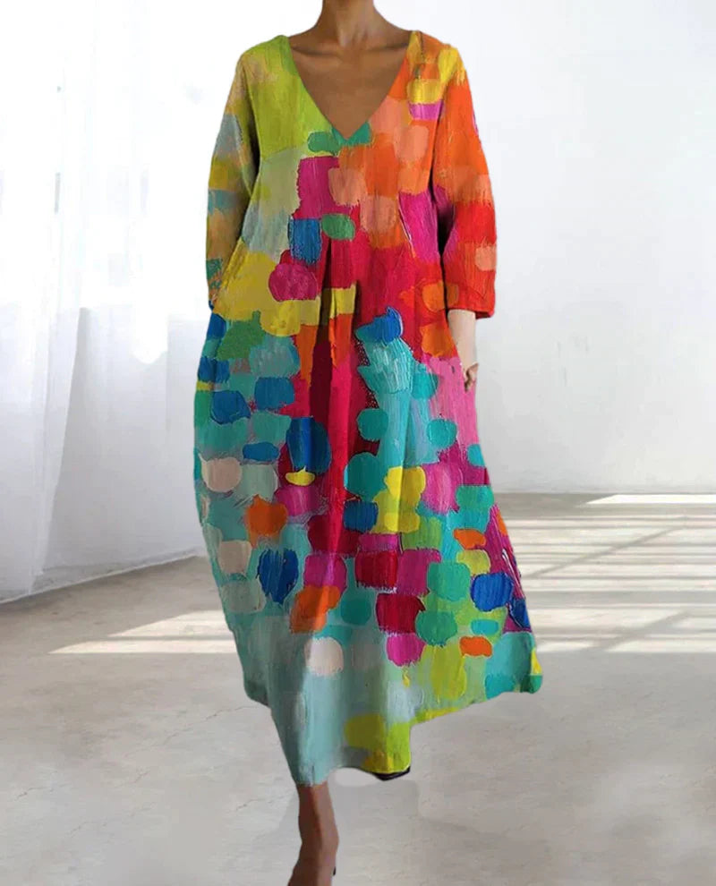 Damen Boho Maxikleid mit V-Ausschnitt – Künstlerischer Freizeit-Look für Alltag & Events