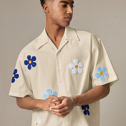 Herren Freizeit-Hemd mit Blumenstickerei und kurzem Ärmel – Modernes, verspieltes Design für Alltag und Ausgehen
