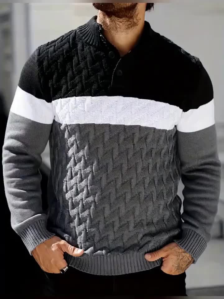 Herren Strickpullover mit Stehkragen und Knopfleiste, Farbblock Design
