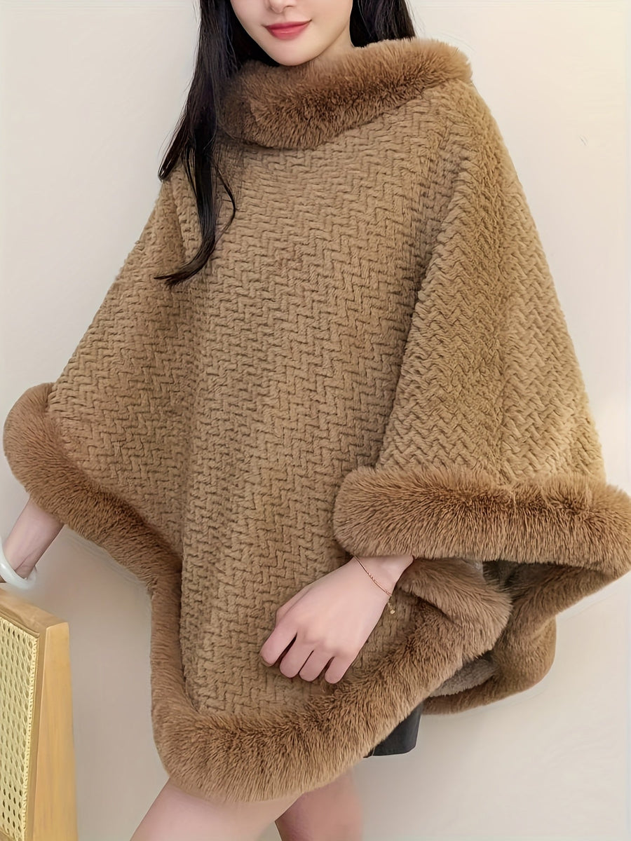 Damen Poncho Kuschelig Weich mit Kunstpelzbesatz Rollkragen