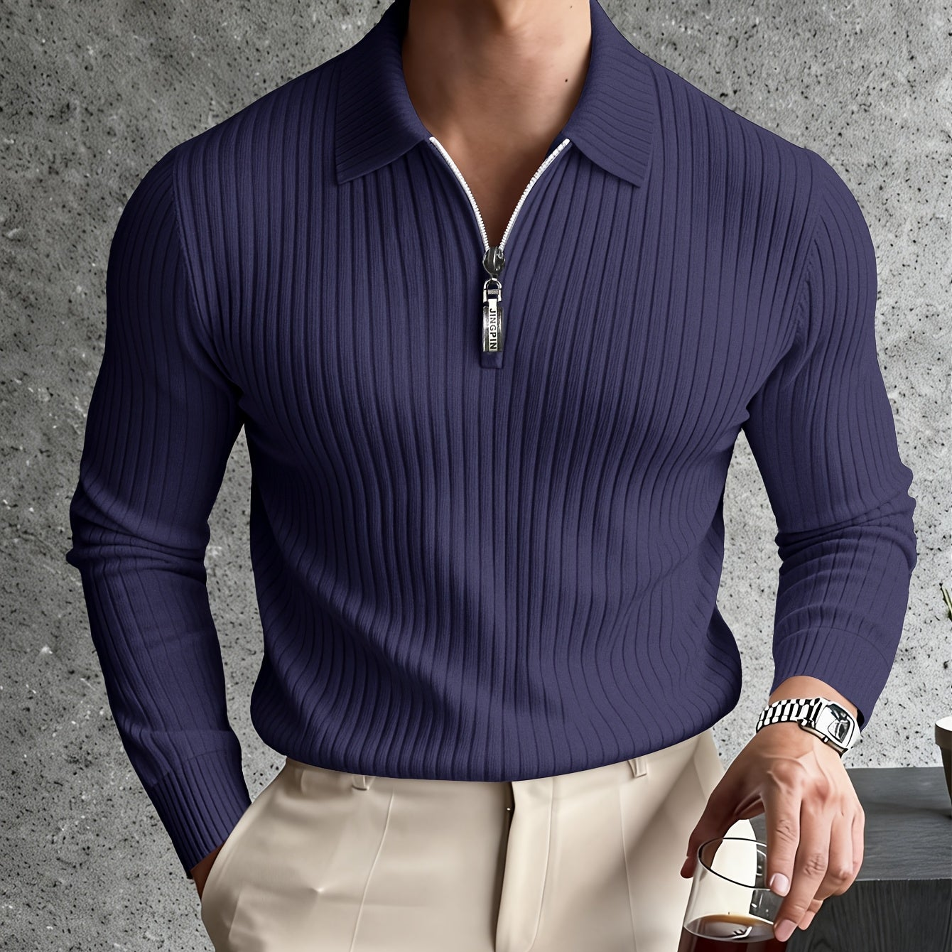 Herren Rippstrick Polo-Pullover mit Reißverschluss, Langarm