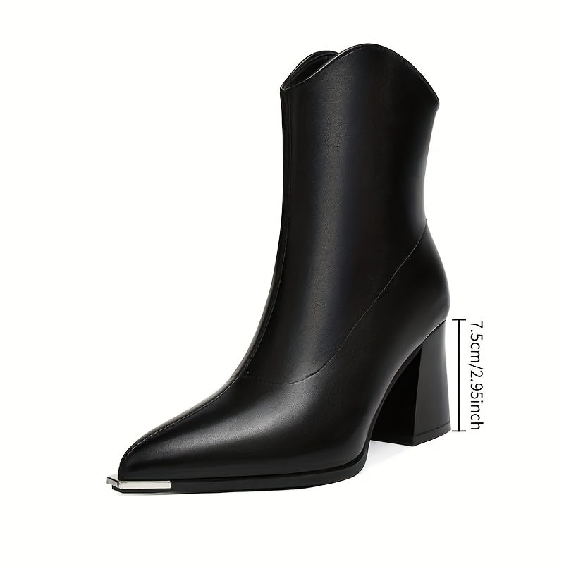 Damen Stiefelette Schwarz Spitz mit Metallspitze Blockabsatz