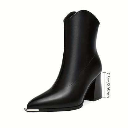 Damen Stiefelette Schwarz Spitz mit Metallspitze Blockabsatz