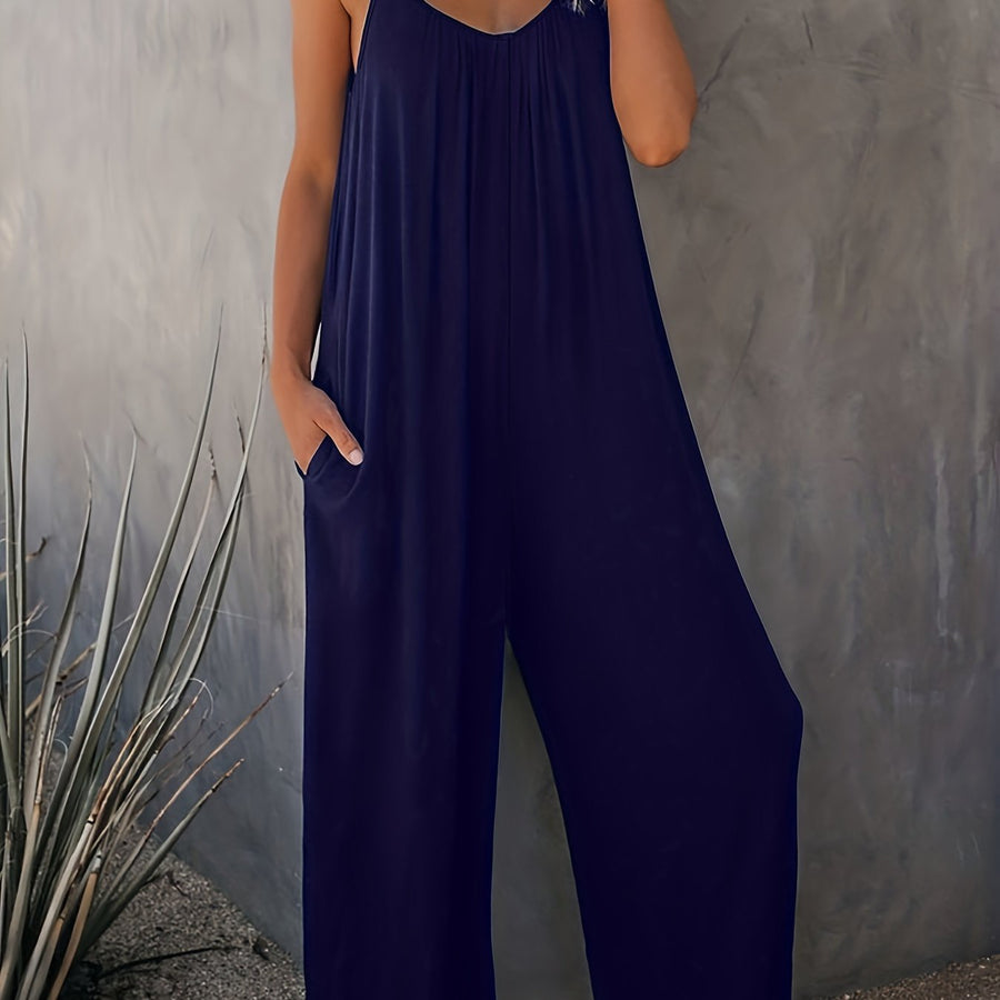 Damen Weite Casual Jumpsuit mit Spaghettiträgern – Luftiger Einteiler für Freizeit & Urlaub