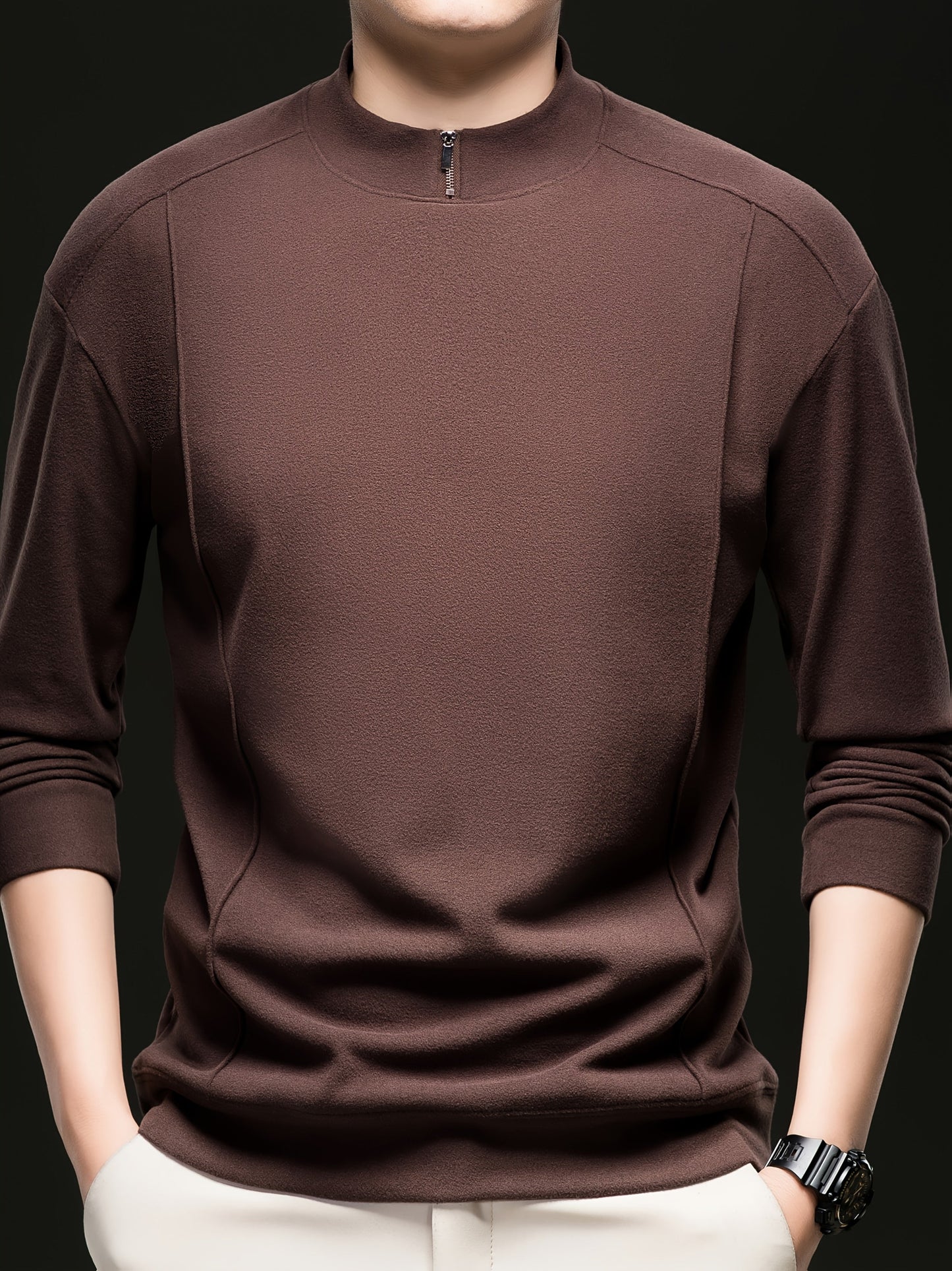 Herren Halb-Reißverschluss Pullover Stehkragen Langarm Shirt Uni