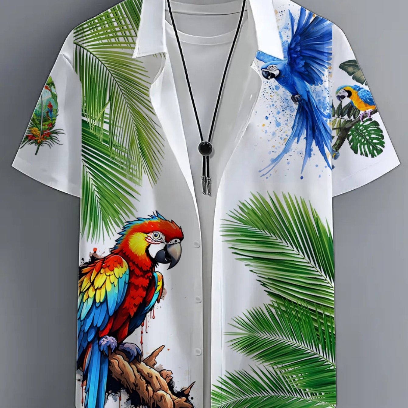 Herren Hawaiihemd mit Papageien-Print und tropischem Palmen-Design – Kurzarm, Freizeit, Sommer