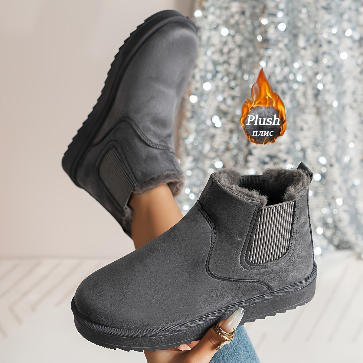 Chelsea Boots Damen gefüttert Winter Stiefeletten warm Plüschimitat Grau