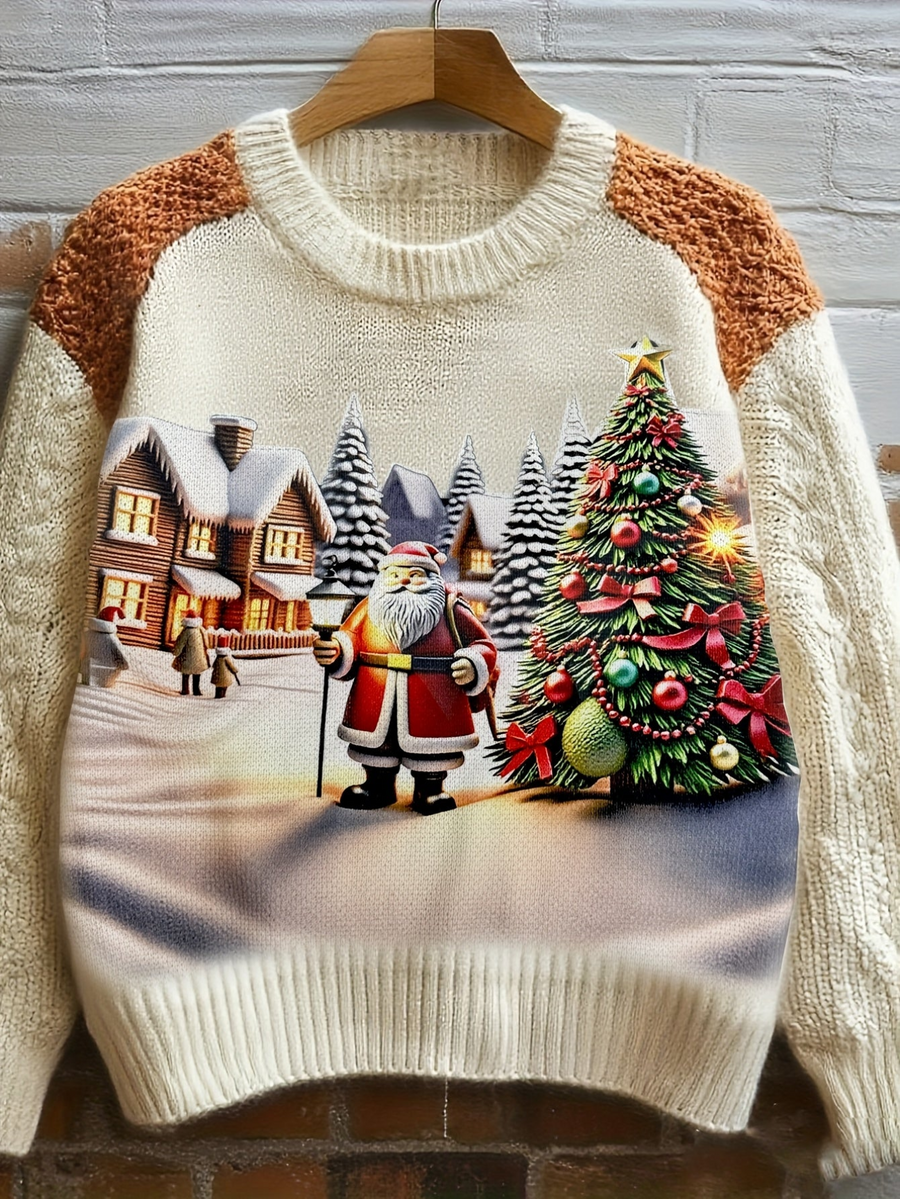 Creme-farbener Strickpullover mit Rundhalsausschnitt und Motiv