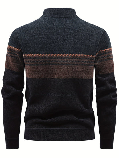 Herren Winter Pullover Half-Zip Stehkragen Gestreift Warm gefüttert