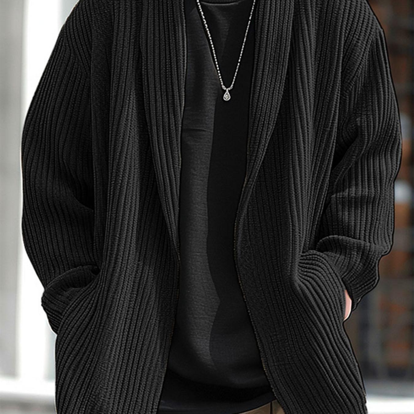 Herren Strickjacke Offen Gerippt Schwarz Lässiger Cardigan