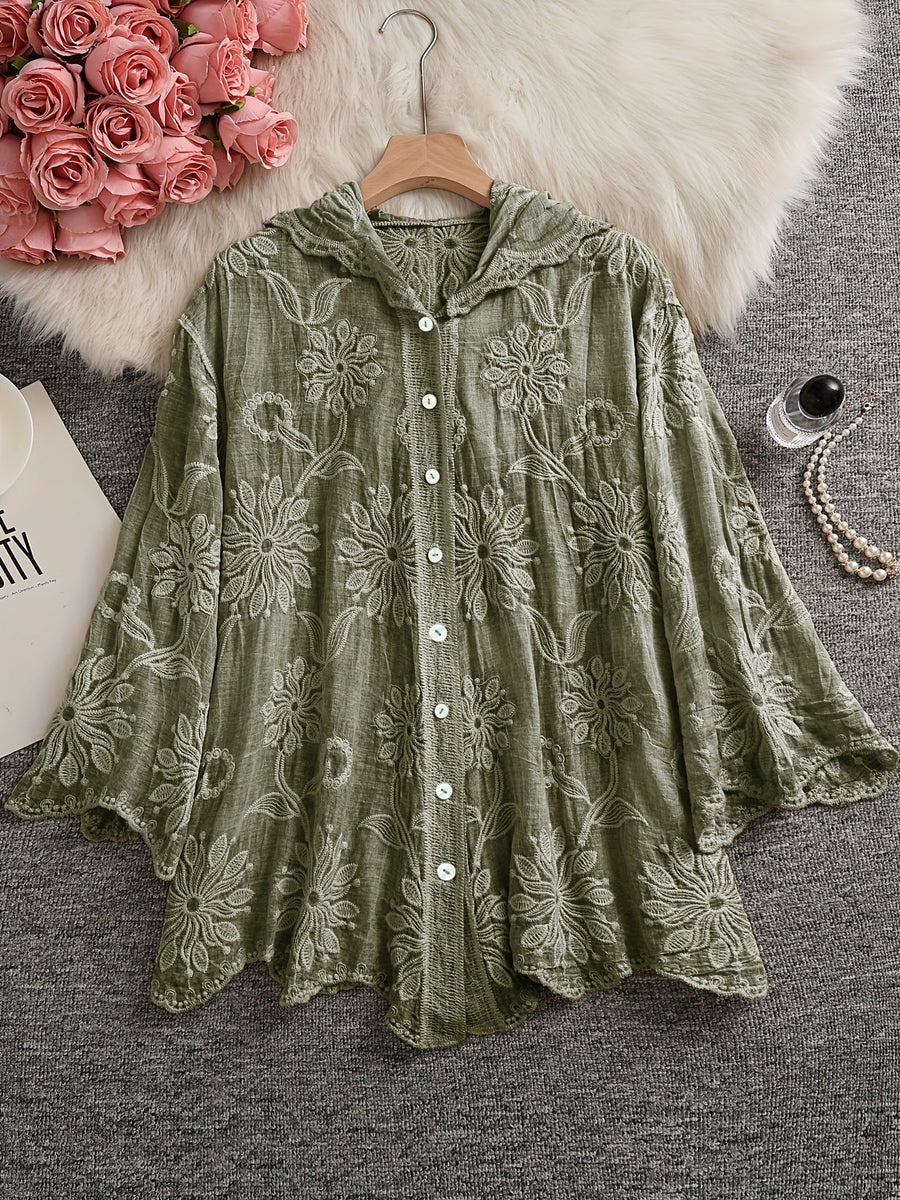 Damen Bestickte Bluse mit Kapuze, Langarm, Floral, Grün