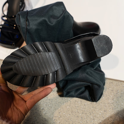 Damen Overknee-Stiefel Schwarz mit Blockabsatz und Profilsohle