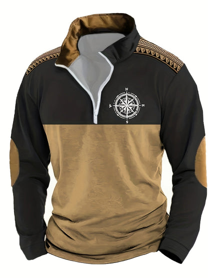 Herren Halb-Reißverschluss Pullover mit Kompass-Motiv, Kragen & Ellenbogen-Patches, Zweifarbig