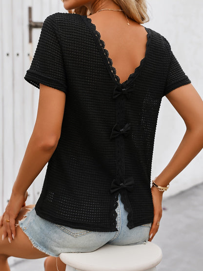 Damen Spitzen-Top mit Rückenausschnitt und Schleifen – Elegantes Kurzarm Shirt für Freizeit und Ausgehen