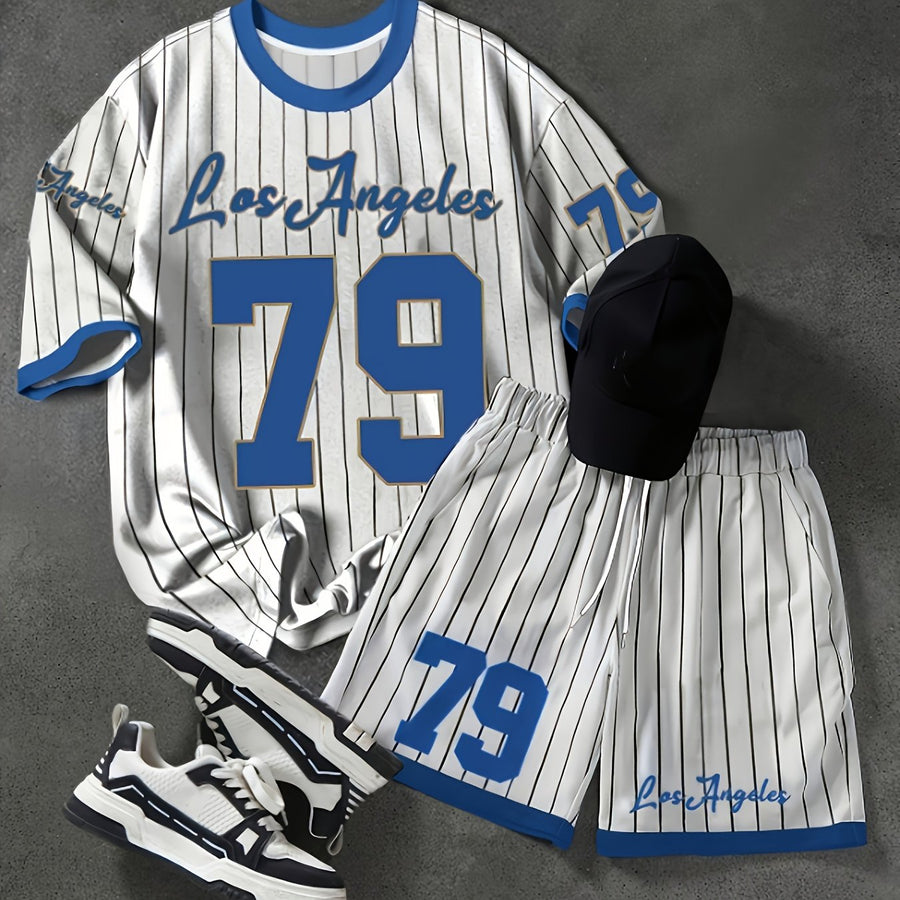 Herren Sportset Los Angeles 79 – Pinstripe Shirt und Shorts im Retro-Stil