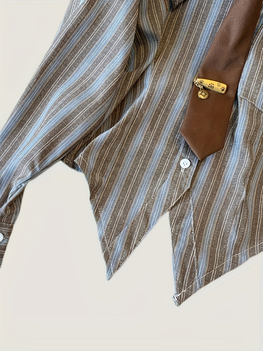 Gestreifte Bluse mit Spitzkragen und Krawatte, langärmelig, für Damen