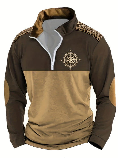 Herren Halb-Reißverschluss Pullover mit Kompass-Motiv, Kragen & Ellenbogen-Patches, Zweifarbig