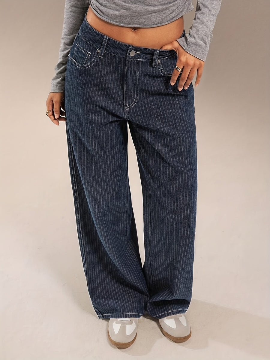 Damen Baggy Jeans dunkelblau mit Nadelstreifen weites Bein