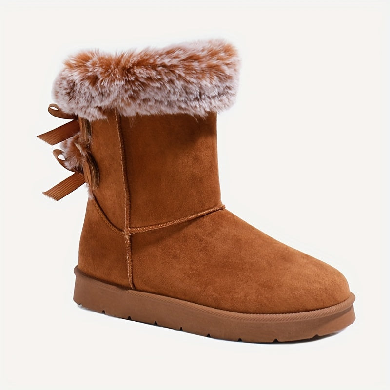 Damen Winterstiefel Wildleder-Optik mit Kunstfellrand und Schleifenverzierung Braun