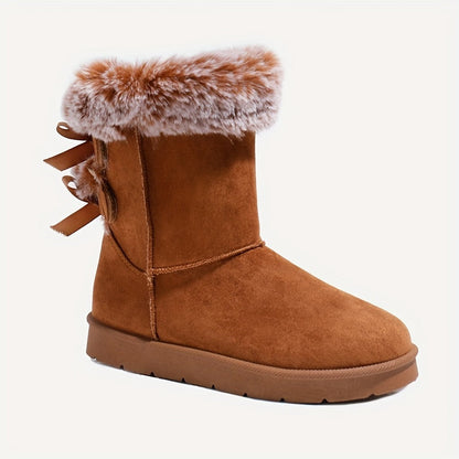 Damen Winterstiefel Wildleder-Optik mit Kunstfellrand und Schleifenverzierung Braun