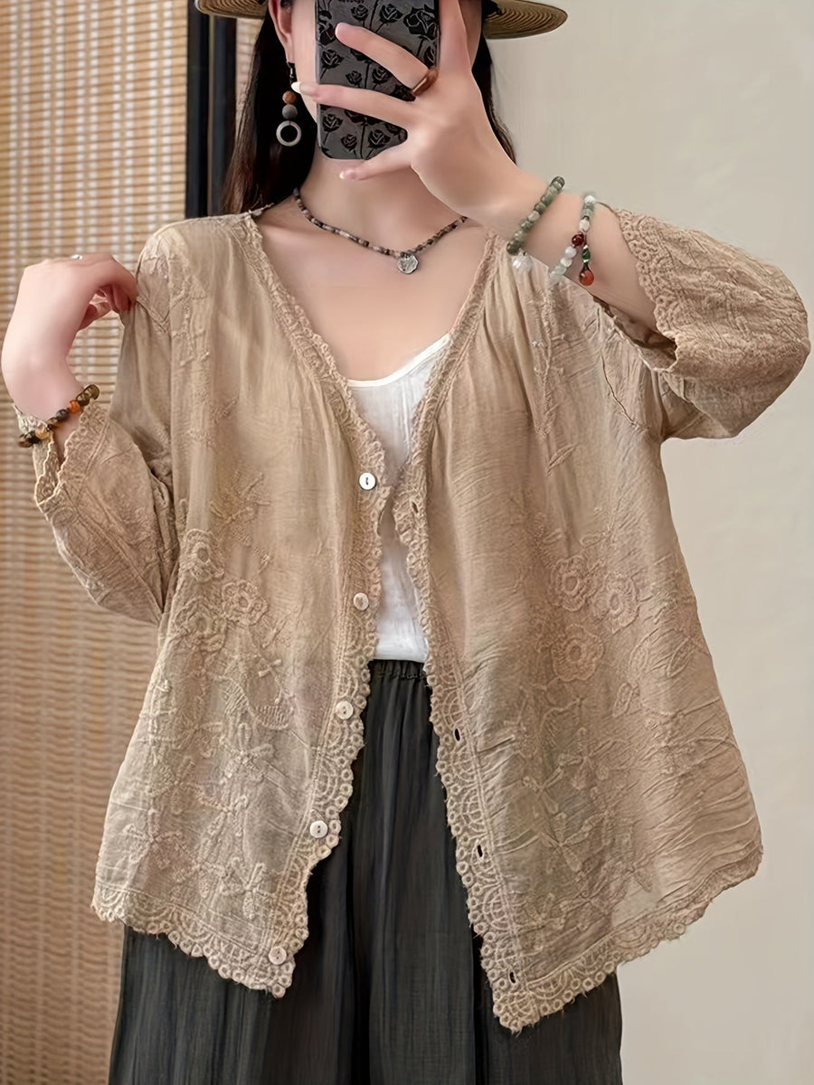 Damen Bluse Langarm V-Ausschnitt Bestickt mit Knopfleiste und Spitze