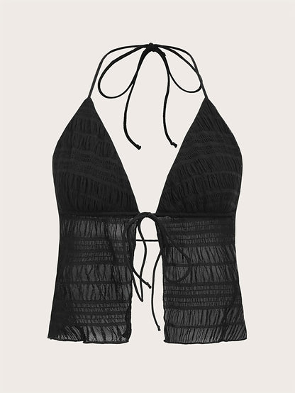 Damen Halterneck Camisole Top mit Raffung und Bindeband – Modisches Party- und Ausgehoberteil