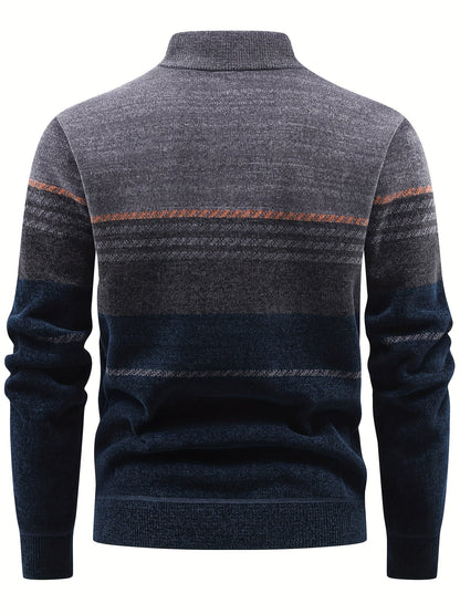 Herren Winter Pullover Half-Zip Stehkragen Gestreift Warm gefüttert