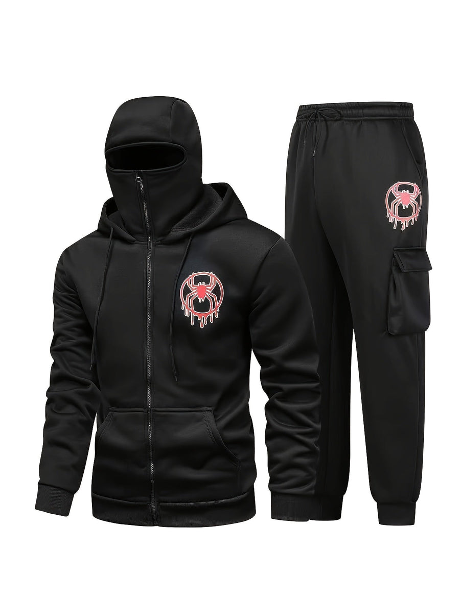 Unisex Kapuzenpullover und Jogginghose Trainingsanzug mit Balaclava-Haube und Spinnenmotiv, Reißverschluss, Taschen