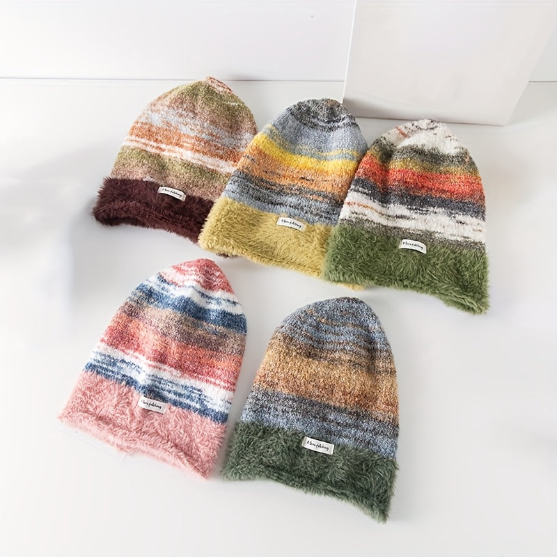Unisex Beanie Mütze gestreift, weiches Futter, gestrickter Look, slouchy Style