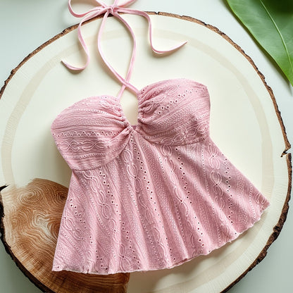 Damen Halter Babydoll Top mit Stickerei – Romantischer Vintage-Look für Freizeit & Urlaub