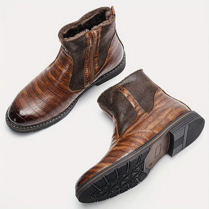 Herren Stiefeletten Dunkelbraun mit Kroko-Prägung und Futter