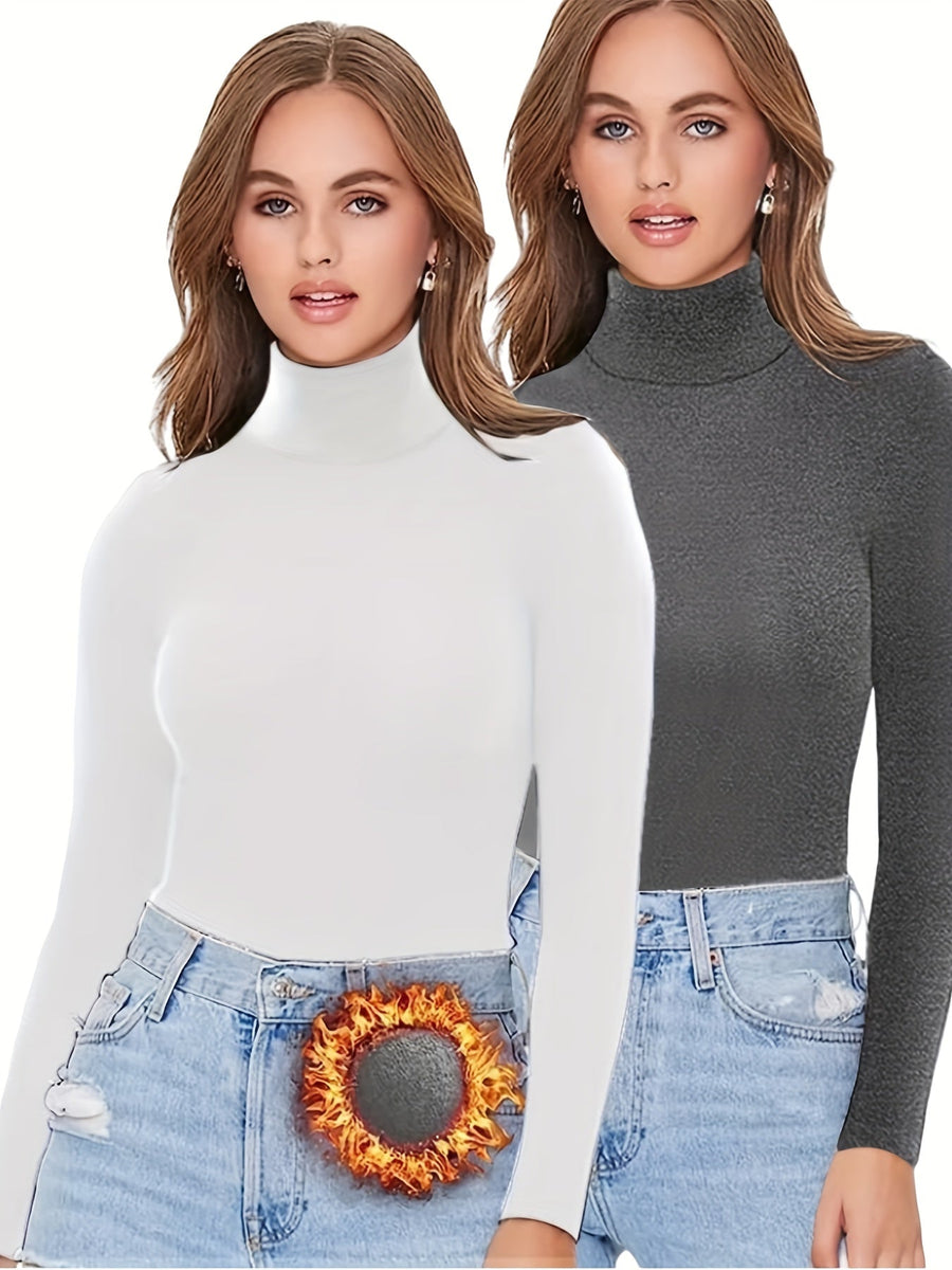 Damen Rollkragen Langarmshirt Eng Anliegend Einfarbig Basic Top