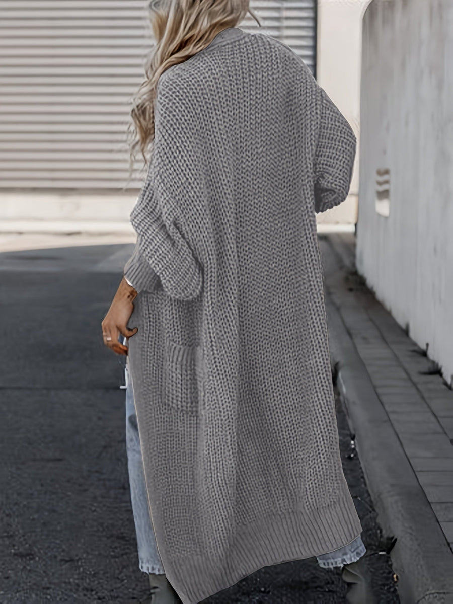 Damen Grobstrick Cardigan Lang Offen Strickjacke mit Taschen