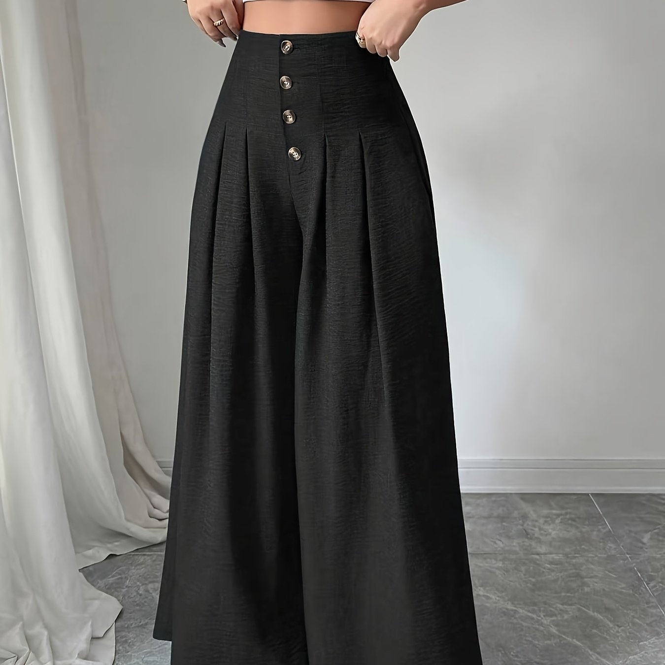 Damen Weite High-Waist-Hose mit Knopfdetails und Eleganten Falten – Modische Business & Freizeit Wide Leg Pants
