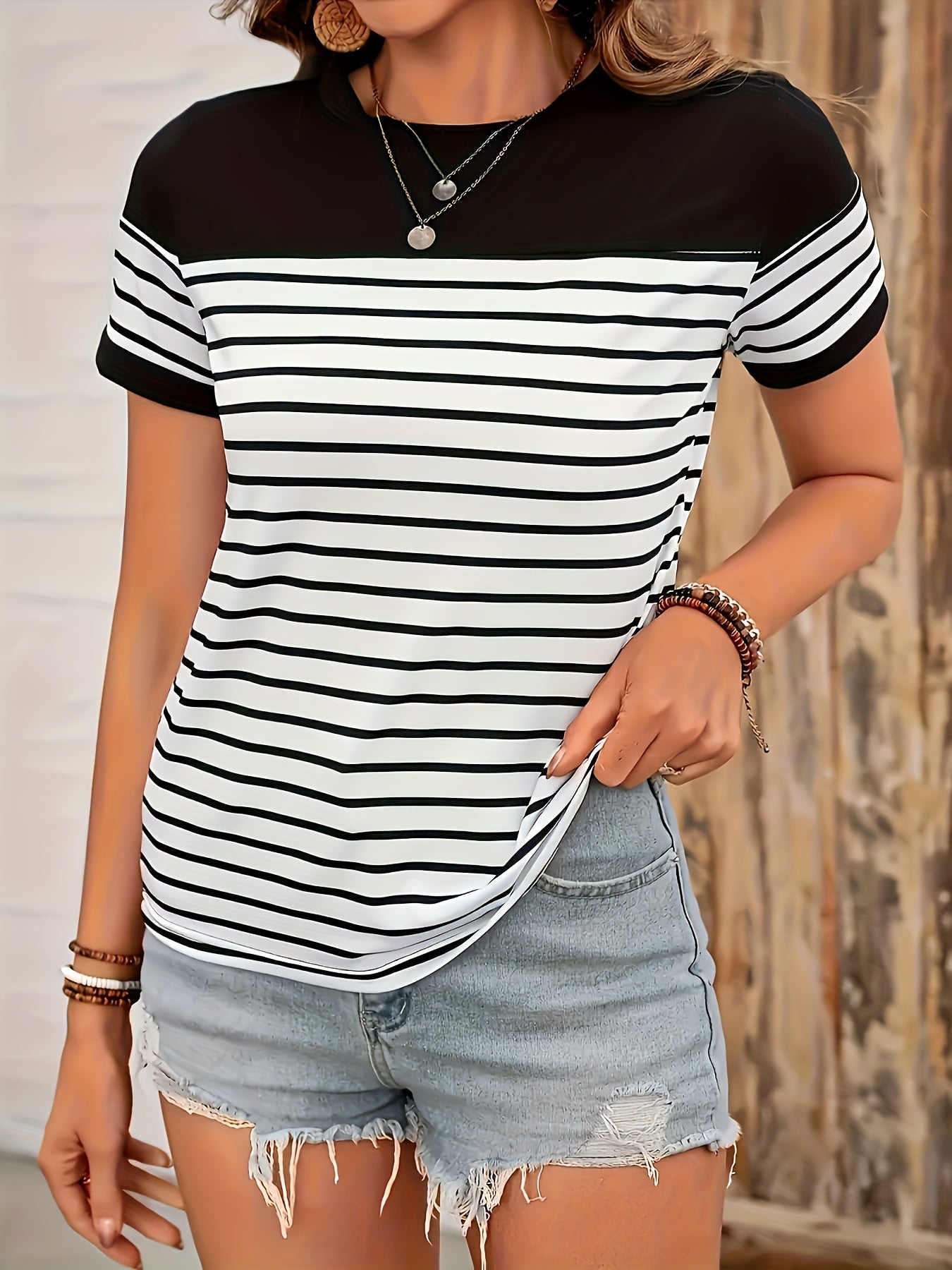 Damen T-Shirt Kurzarm Gestreift Modern Freizeit Look