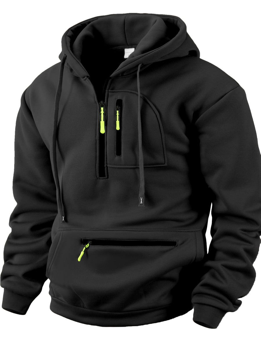 Herren Hoodie mit Reißverschluss und Bauchtasche, Kordelzug Kapuzenpullover