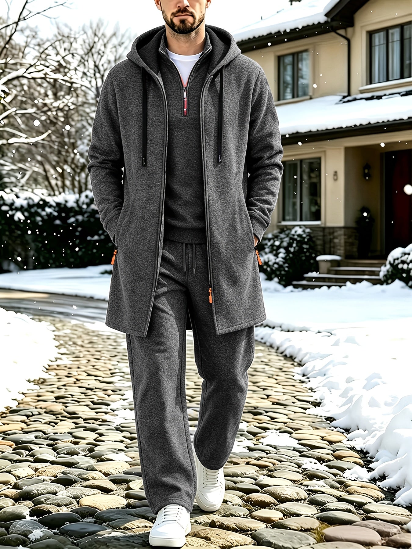 Herren 3-teiliger Trainingsanzug Set mit Kapuzenmantel, Pullover und Hose