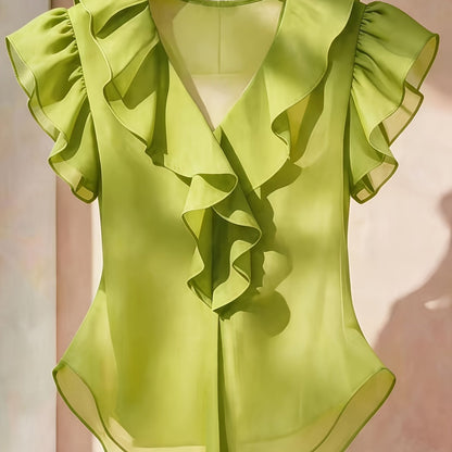 Damen Rüschenbluse mit V-Ausschnitt und Volantärmeln – Eleganter Stil für Büro und besondere Anlässe
