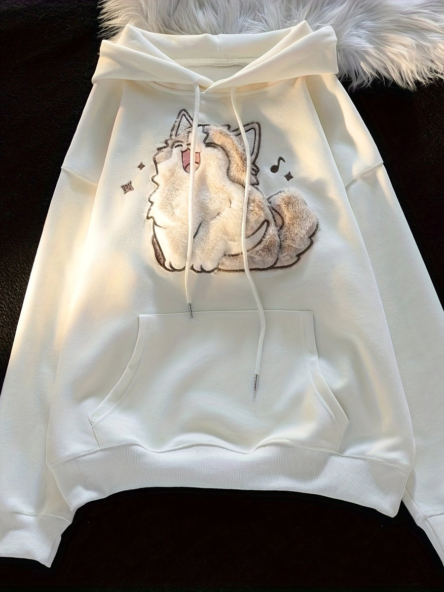 Hoodie Damen Creme mit flauschigem Katzen-Motiv