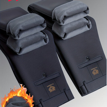 Herren Thermohose gefüttert Schwarz Slim Fit Warme Winterhose Anzughose