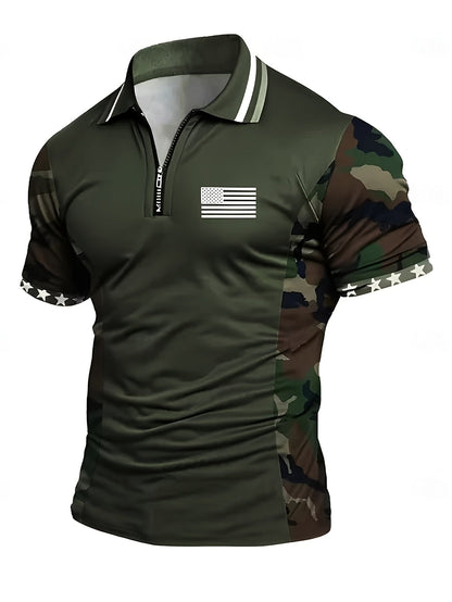 Herren Polo Shirt mit Tarnmuster, Reißverschluss und Flaggen-Design – Sportlich und Lässig für Outdoor und Freizeit