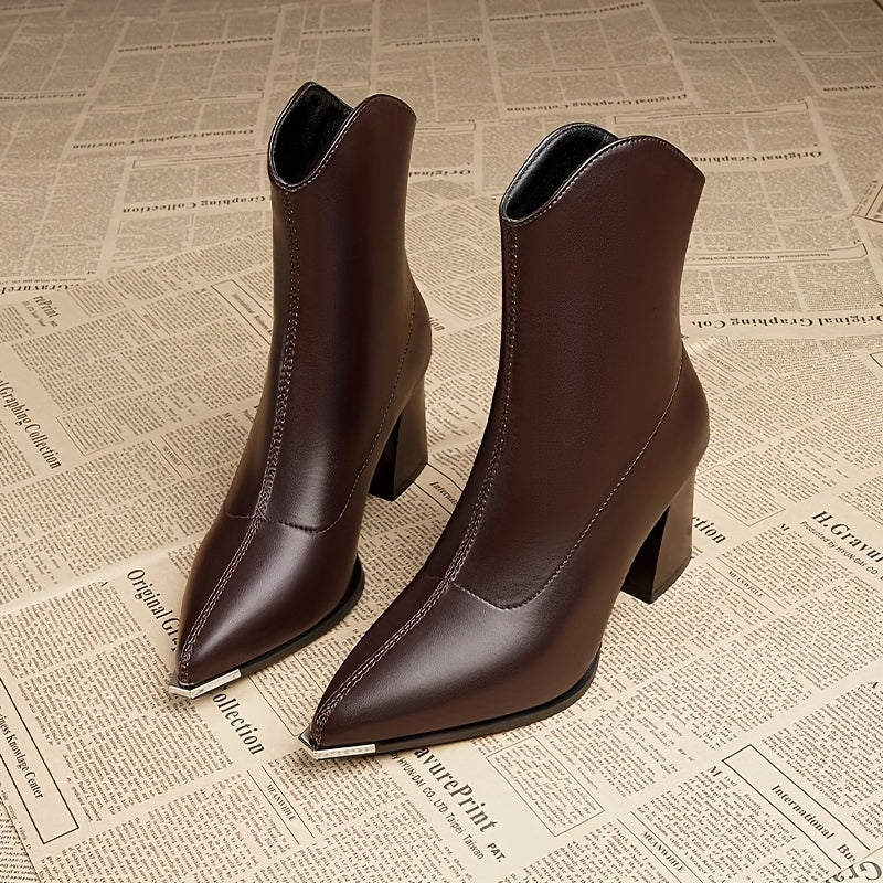 Damen Stiefelette Schwarz Spitz mit Metallspitze Blockabsatz