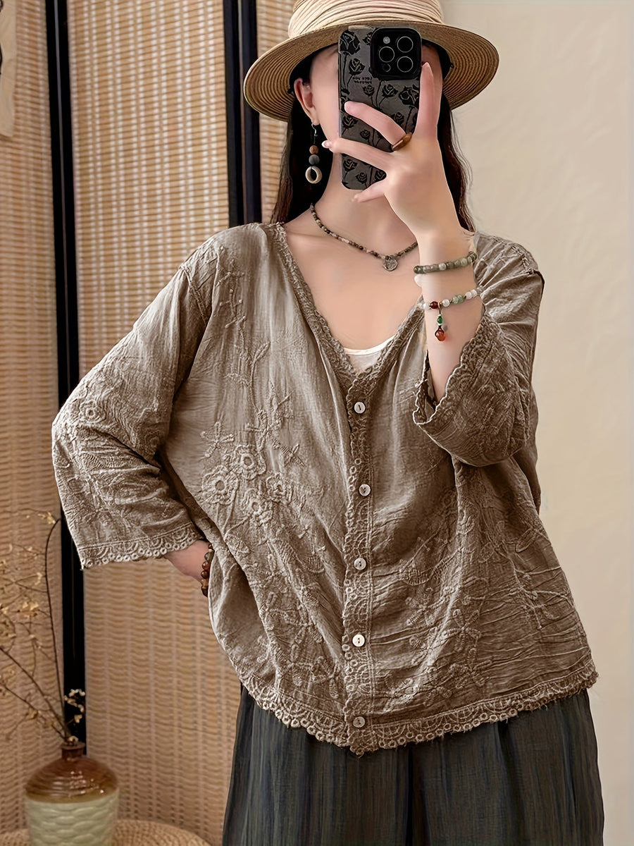 Damen Bluse Langarm V-Ausschnitt Bestickt mit Knopfleiste und Spitze