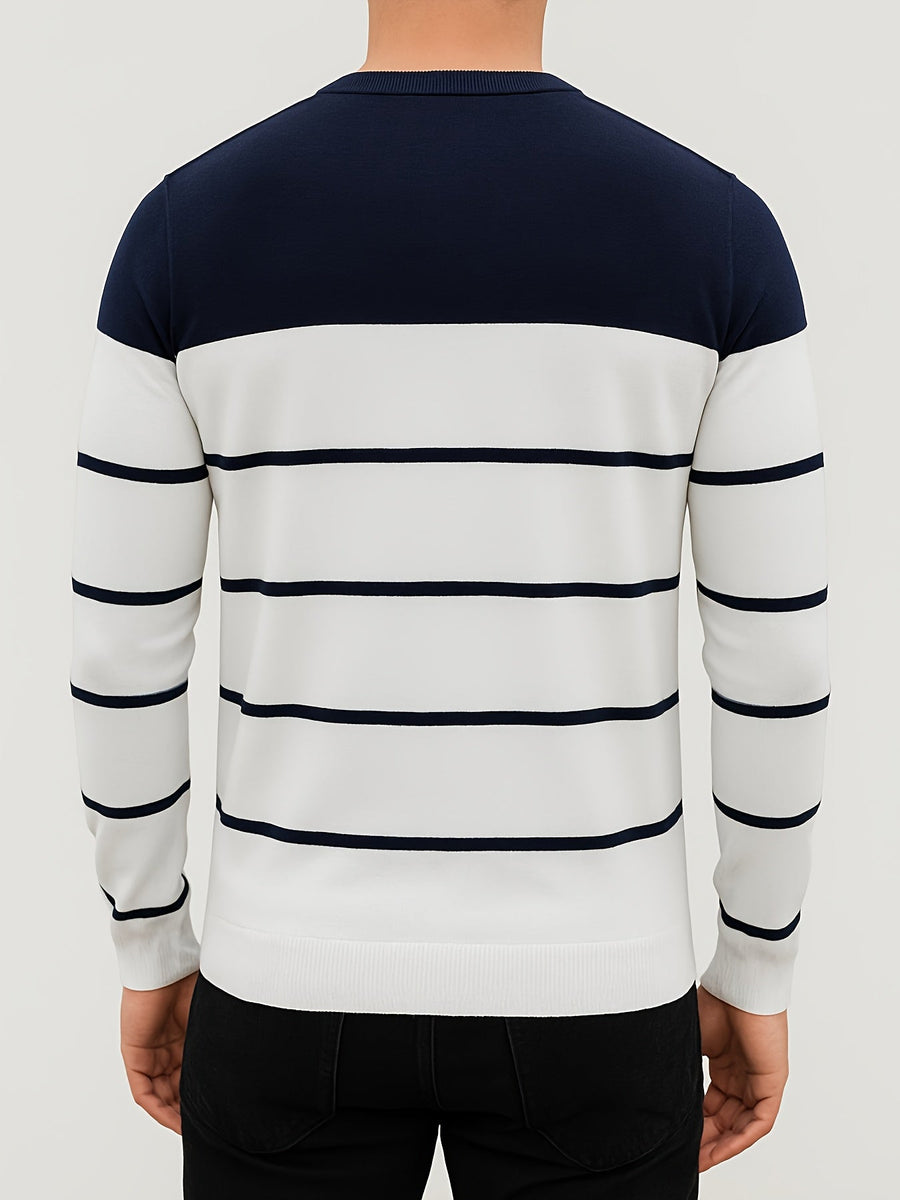 Herren Rundhals-Pullover Gestreift – Langarm, Farbblock-Design