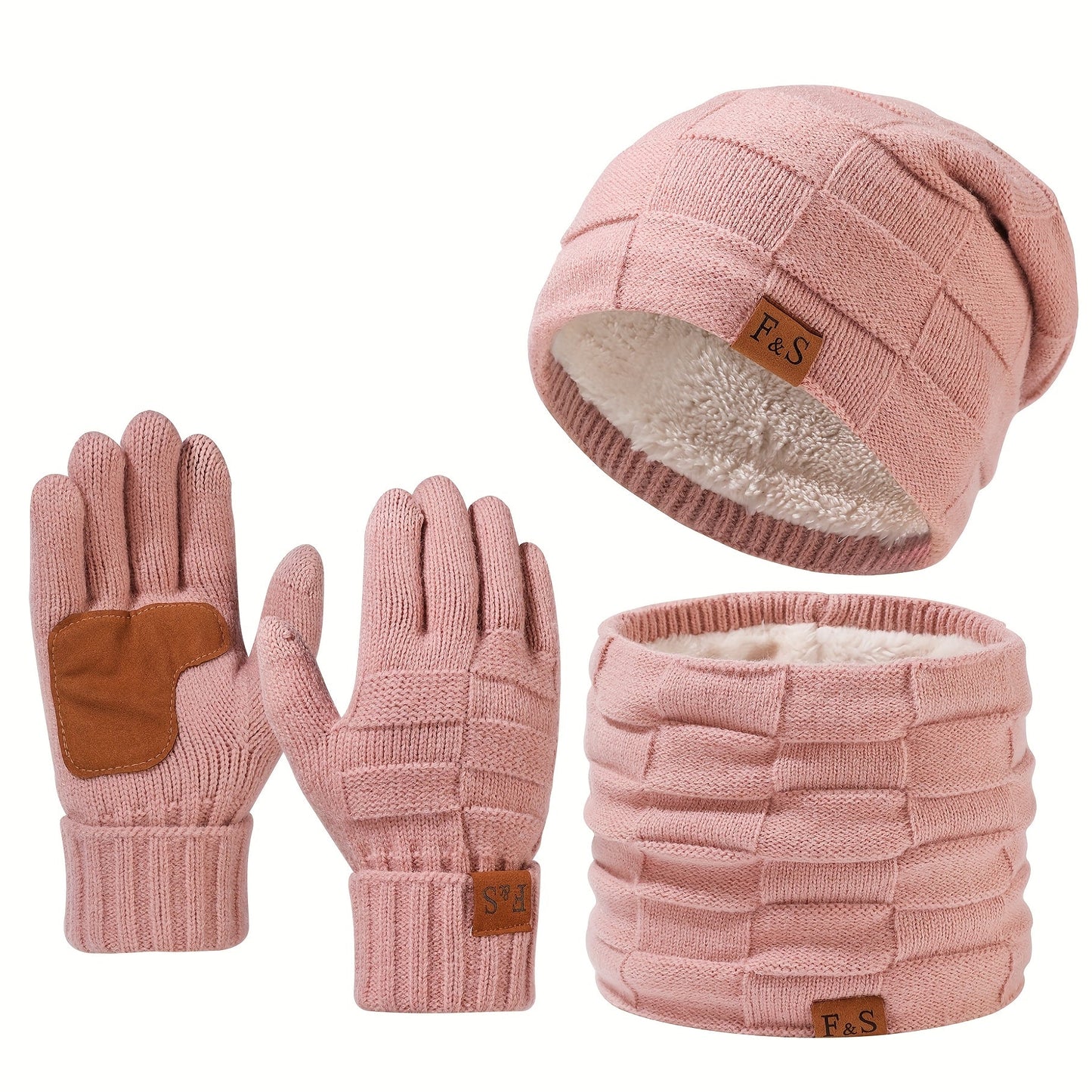 Unisex mutsenset met gebreide muts, sjaal en gevoerde winterhandschoenen, beige