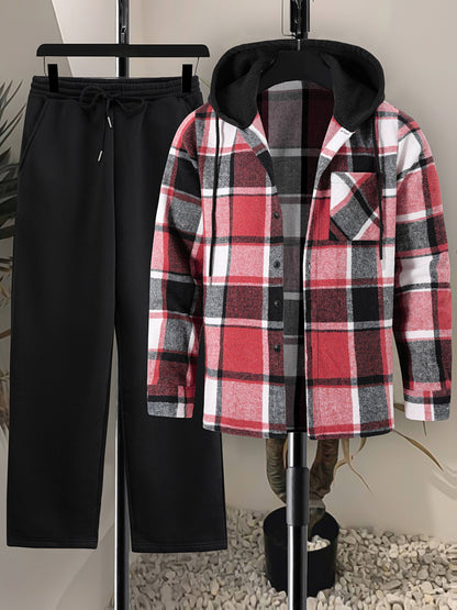 Herren Kariertes Flanell Hemd mit Kapuze & Einfarbige Jogginghose Set Grau