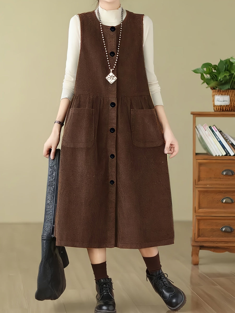 Damen Langes Trägerkleid Braun Knopfleiste Midi