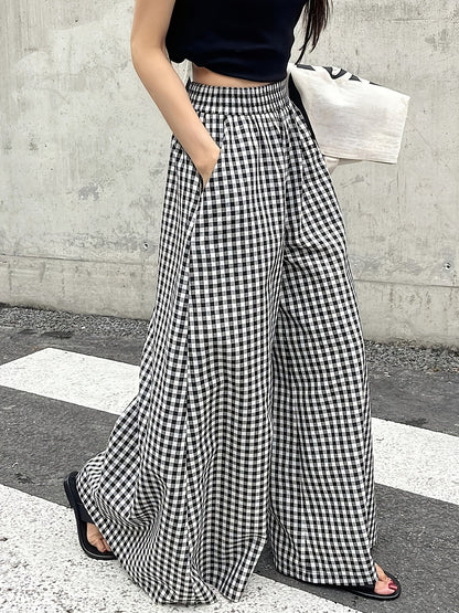Damen Weite Hose mit Karomuster und hohem Bund – Stilvolle Freizeithose für Alltag & Ausgehen