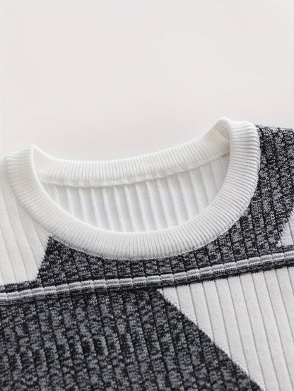 Herren Rippstrick Pullover Rundhals Langarm Modernes Design Weiß Schwarz