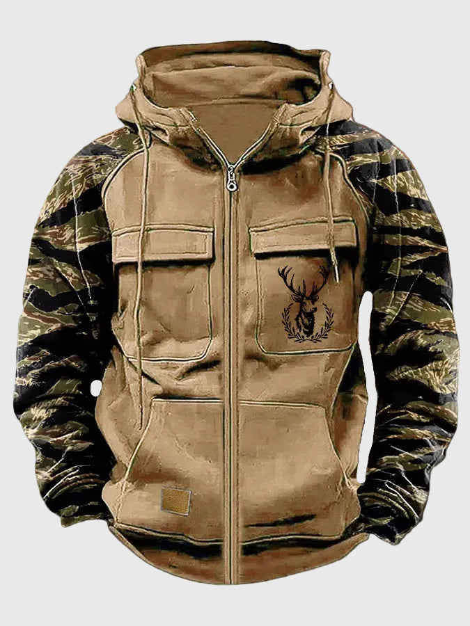 Unisex hoodie met ritssluiting, capuchon, camouflageprint op de mouwen en hertenmotief